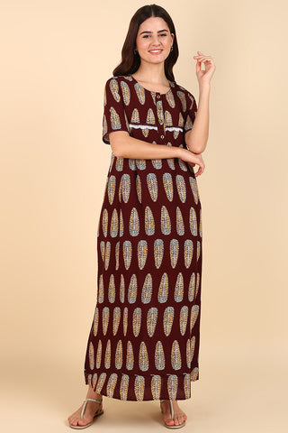 Maroon Printed 100% Soft Cotton Zipless Maternity Maxi