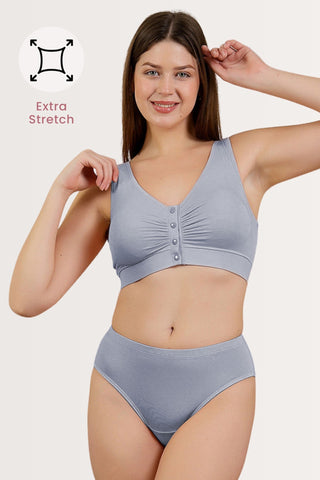 M-Blue Front-Open Bra; cotton blend fabric feels soft against skin.