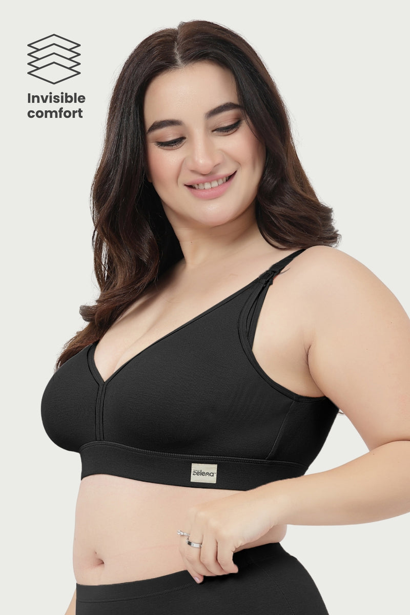 Lira Ribbed Cotton Nursing Padded Bra - Black