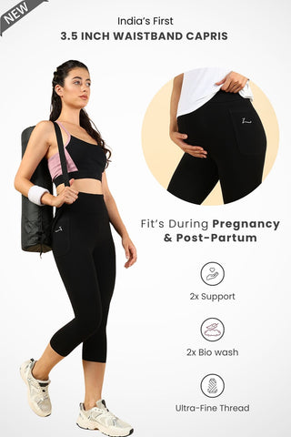 Broad Waist-Band Black Maternity Capri (Pregnancy & Postpartum)