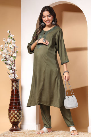 Celestial Olive Maternity Feeding Kurta Set