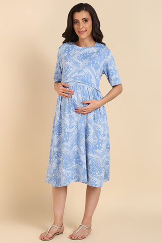 Blue Printed Maternity Zipless Feeding Dress
