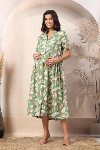 Bohemian Green Maternity Zipless Feeding Dress