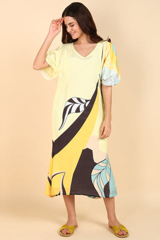 Yellow Printed Maternity Feeding Kaftan