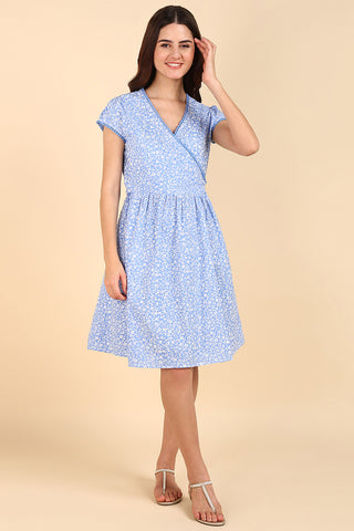 Sky Blue Printed 100% Soft Cotton Zipless Maternity Feeding Dress