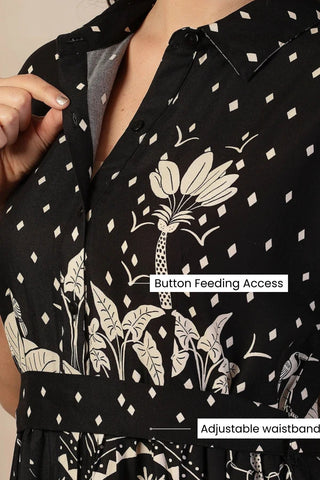 Black & White Bordered Floral Printed Maternity Zipless Feeding Tiered Dress - House Of Zelena™