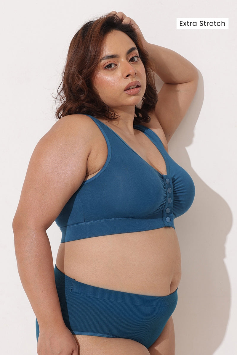 Ruched Modal Front-Open Bra with G-Hook - Airforce