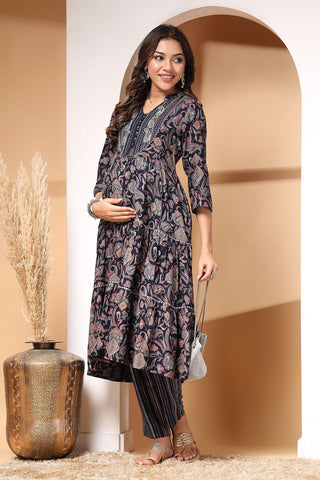 Midnight Bloom Maternity and Feeding Friendly  Tiered Dress.