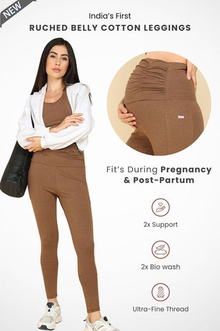 Ruched Cotton Brown Milange Maternity Legging (Pregnancy & Postpartum)
