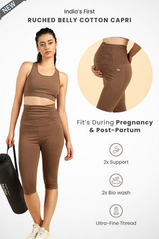 Ruched Cotton Melange Brown Maternity Capri (Pregnancy & Postpartum)