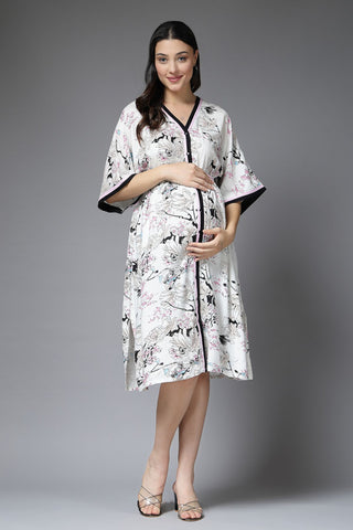 White All Over Printed 100% Rayon Zipless Maternity Dress