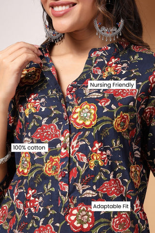 High-quality image of the Cotton texture and finish of the Midnight Bloom And Kurta Set.