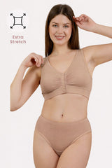 Ruched Modal Front-Open Bra in Light Skin with extra stretch on a smiling model, hand in hair | maternity feeding bra, Zelena