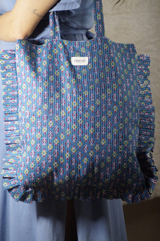 Handcrafted 100% Cotton Tote Bag with Ruffled Edges - Teal Blue