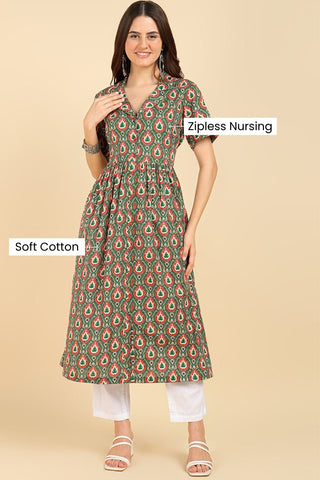 Green All Over Printed Zipless Feeding Kurti