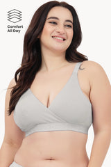 Zena Fine-Rib Bra in Grey Melange for comfort all day on a smiling curvy model | maternity nursing bra by House of Zelena