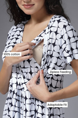 Zipless Feeding Dress; simple neck access provides quick and easy breastfeeding.