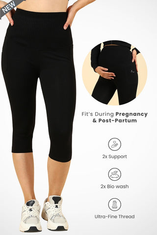 Ribbed Cotton Black Maternity Capri (Pregnancy & Postpartum)
