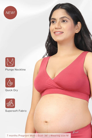 Full shot displays bra structure and fit under clothing.