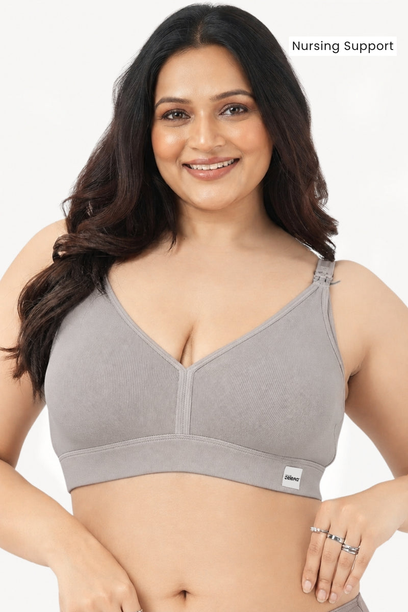 Lira Ribbed Cotton Nursing Padded Bra - Light Grey