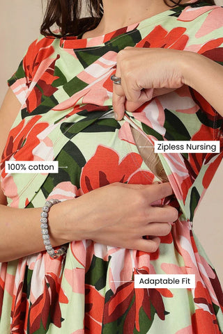 Floral Printed Zipless Maternity Feeding Dress Front View - Stylish Cotton Maternity Dress with Feeding Zips & Pockets