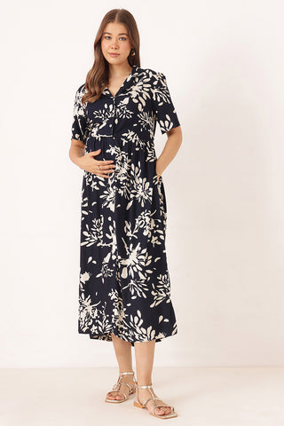 Floral Printed Zipless Feeding Dress - Dark Navy