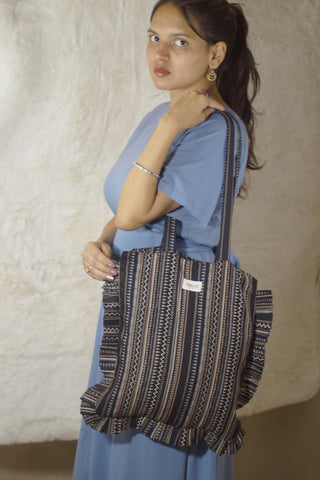 Handcrafted 100% Cotton Tote Bag with Ruffled Edges - Navy