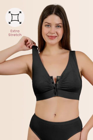 Black Front-Open Bra; underband construction prevents rolling during wear.