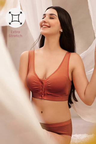 Rust Front-Open Bra; cotton material texture feels soft against the body.