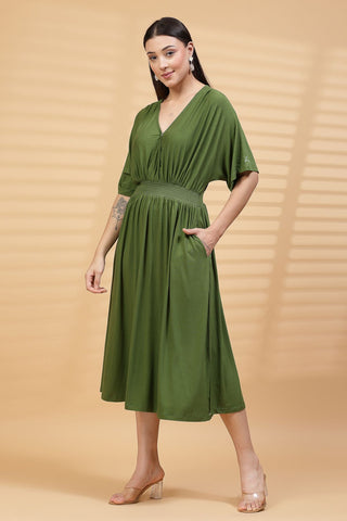 Green Solid Smocked Waist Zipless Feeding Dress