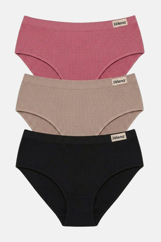Sera Fine Rib Mid Rise Hipster Pack of 3 - (Skin, Blush, Black)