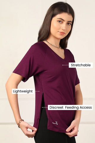 Burgundy Solid Nursing Top with Side Zip Access