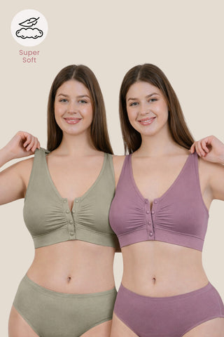 Ruched Pack of 2 Modal Front-Open Bra - (Lavender, Matcha)
