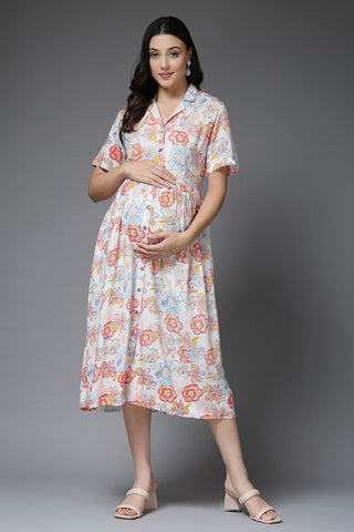 Cream Maternity Fit & Flare Zipless Feeding Dress