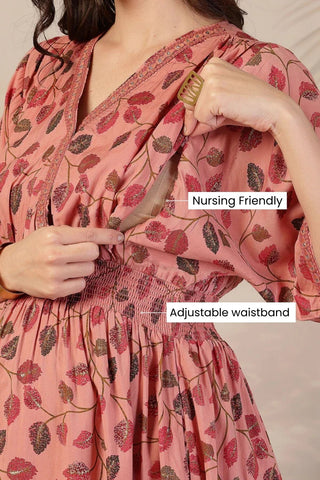 Blush Pink Leaf Print Concealed Zip Feeding & Nursing Dress
