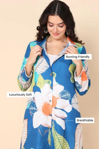 Blue Maternity Kurti Pant Set with Zipless Feeding & Pocket
