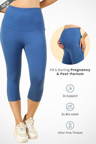 Ribbed Cotton Blue Maternity Capri (Pregnancy & Postpartum)