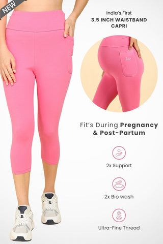 Broad Waist-Band Pink Maternity Capri (Pregnancy & Postpartum)