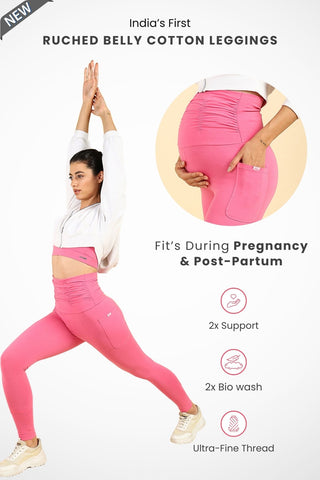 Ruched Cotton Pink Maternity Legging (Pregnancy & Postpartum)