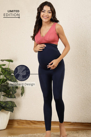 Seamless Adaptable Bump Support Navy Blue Floral Jacquard Maternity Legging