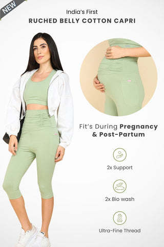 Ruched Cotton Pistachio Green Maternity Capri (Pregnancy & Postpartum)