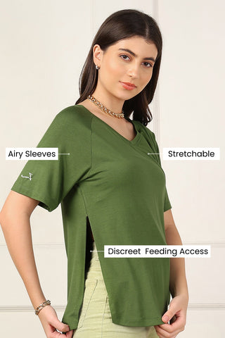 Green Solid Nursing Top with Side Zip Access