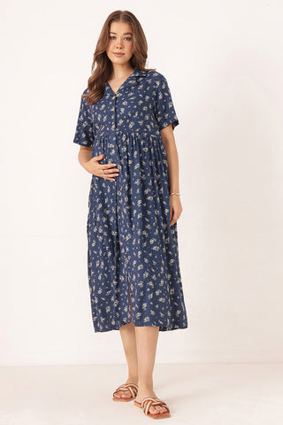 Floral Printed Zipless Feeding Dress - Dusty Blue
