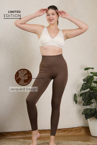 Seamless High Waisted Tummy Compression Floral Jacquard Brown Postpartum Legging