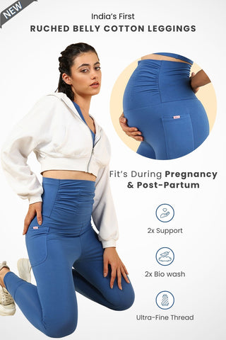 Ruched Cotton Blue Maternity Legging (Pregnancy & Postpartum)