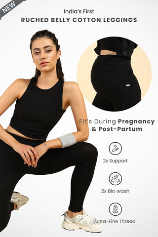 Ruched Cotton Black Maternity Legging (Pregnancy & Postpartum)