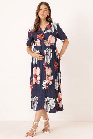 Floral Printed Blue Zipless Feeding Dress
