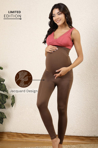 Seamless Adaptable Bump Support Brown Floral Jacquard Maternity Legging