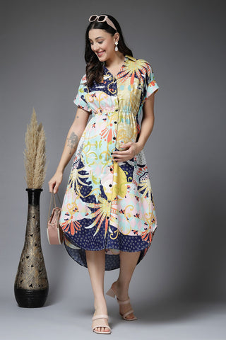 Multicolor All Over Printed 100% Rayon Zipless Maternity Dress