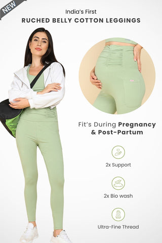 Ruched Cotton Pistachio Green Maternity Legging (Pregnancy & Postpartum)